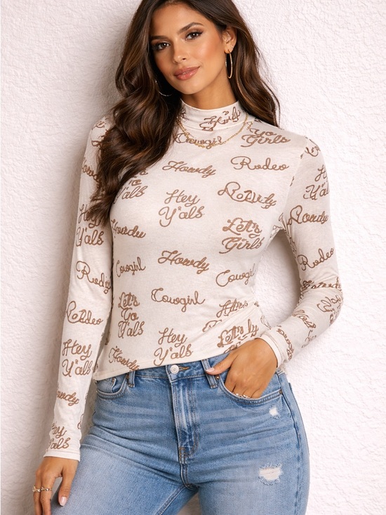 Tops - Rodeo Long-Sleeve Mock Neck Script Print Top -